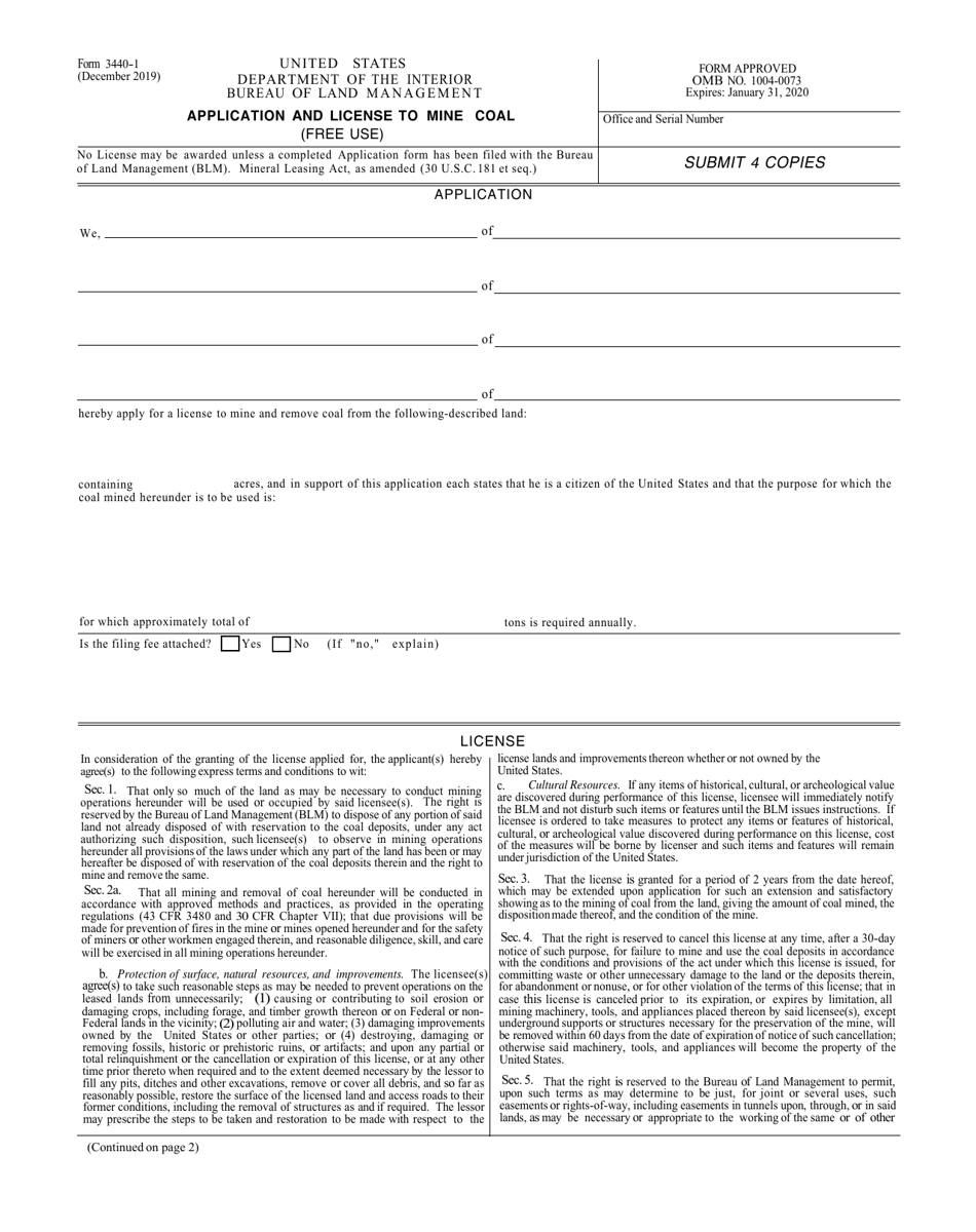 Form 3440-1 Application and License to Mine Coal (Free Use), Page 1