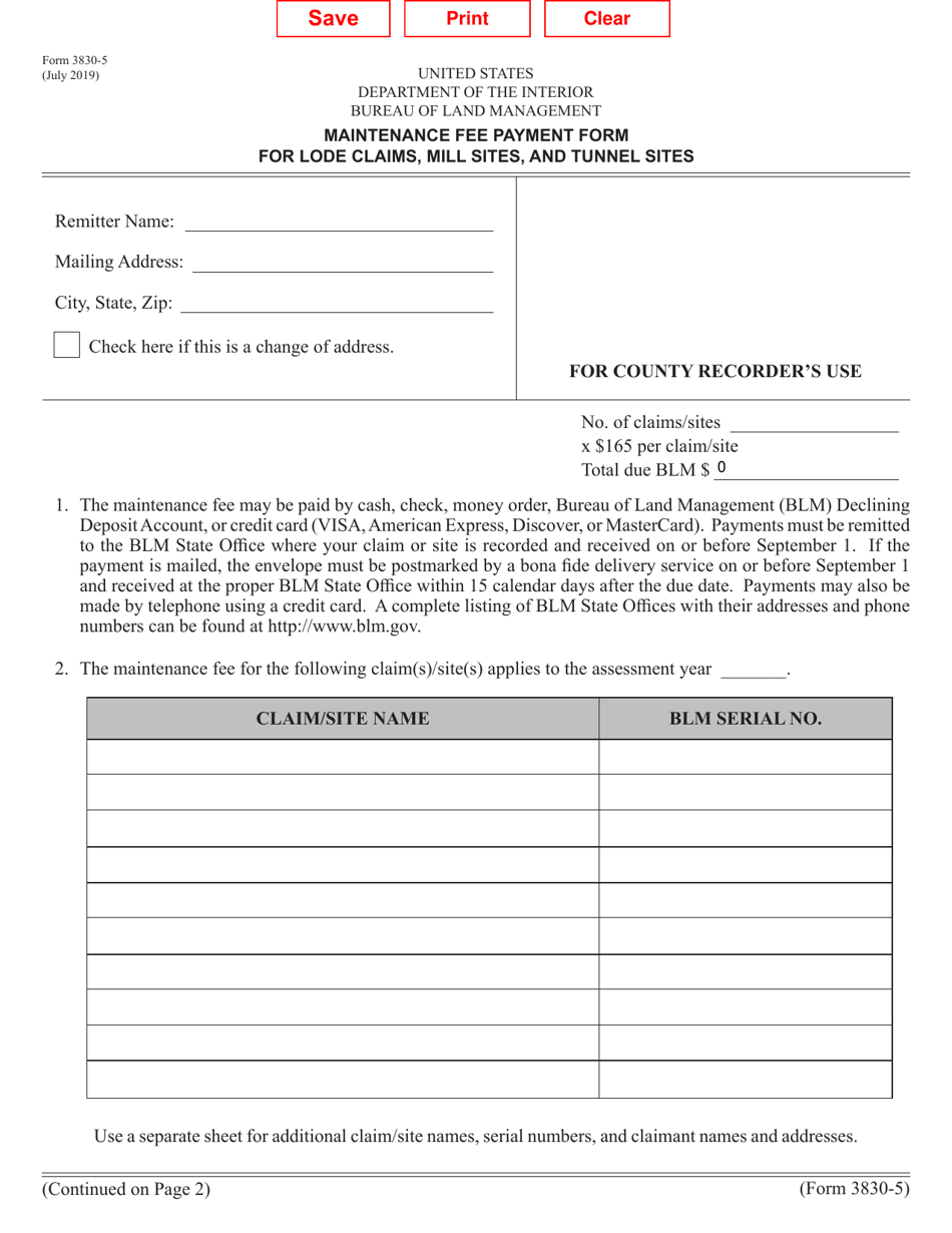 Form 3830-5 Maintenance Fee Payment Form for Lode Claims, Mill Sites, and Tunnel Sites, Page 1