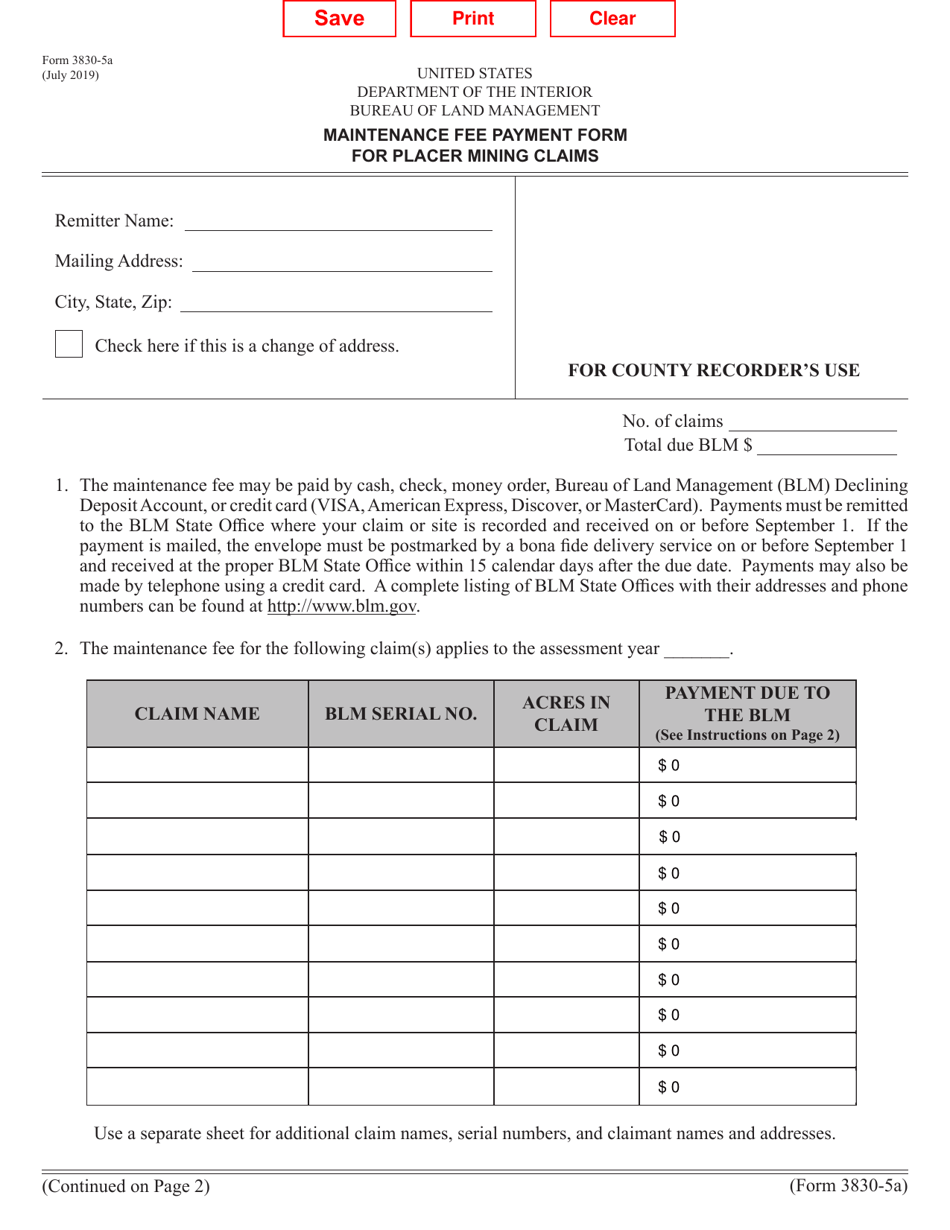 Form 3830-5A Maintenance Fee Payment Form for Placer Mining Claims, Page 1