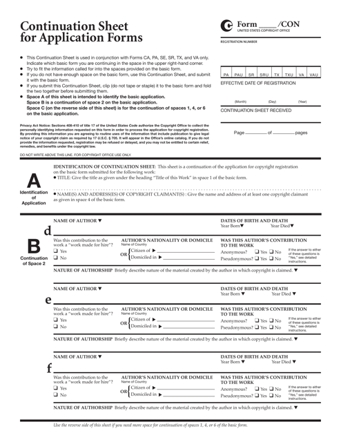 Form CON Continuation Sheet for Application Forms