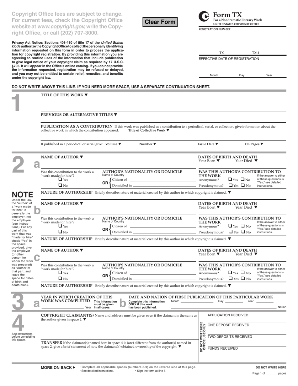 Form TX Form for For a Nondramatic Literary Work, Page 3