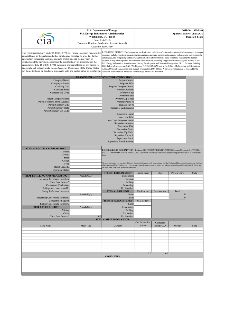 Form EIA-851A Domestic Uranium Production Report (Annual), Page 1