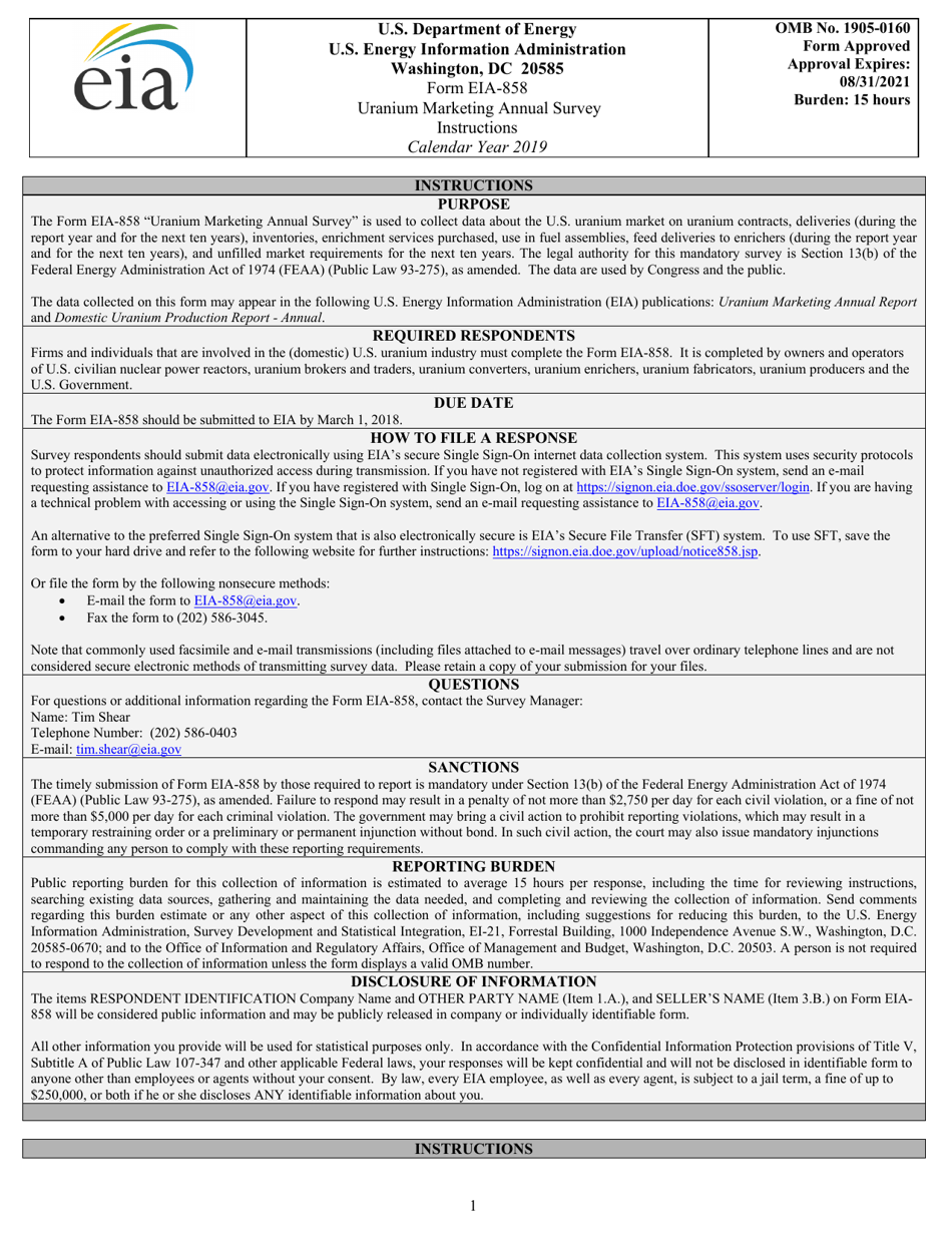 Instructions for Form EIA-858 Uranium Marketing Annual Survey, Page 1