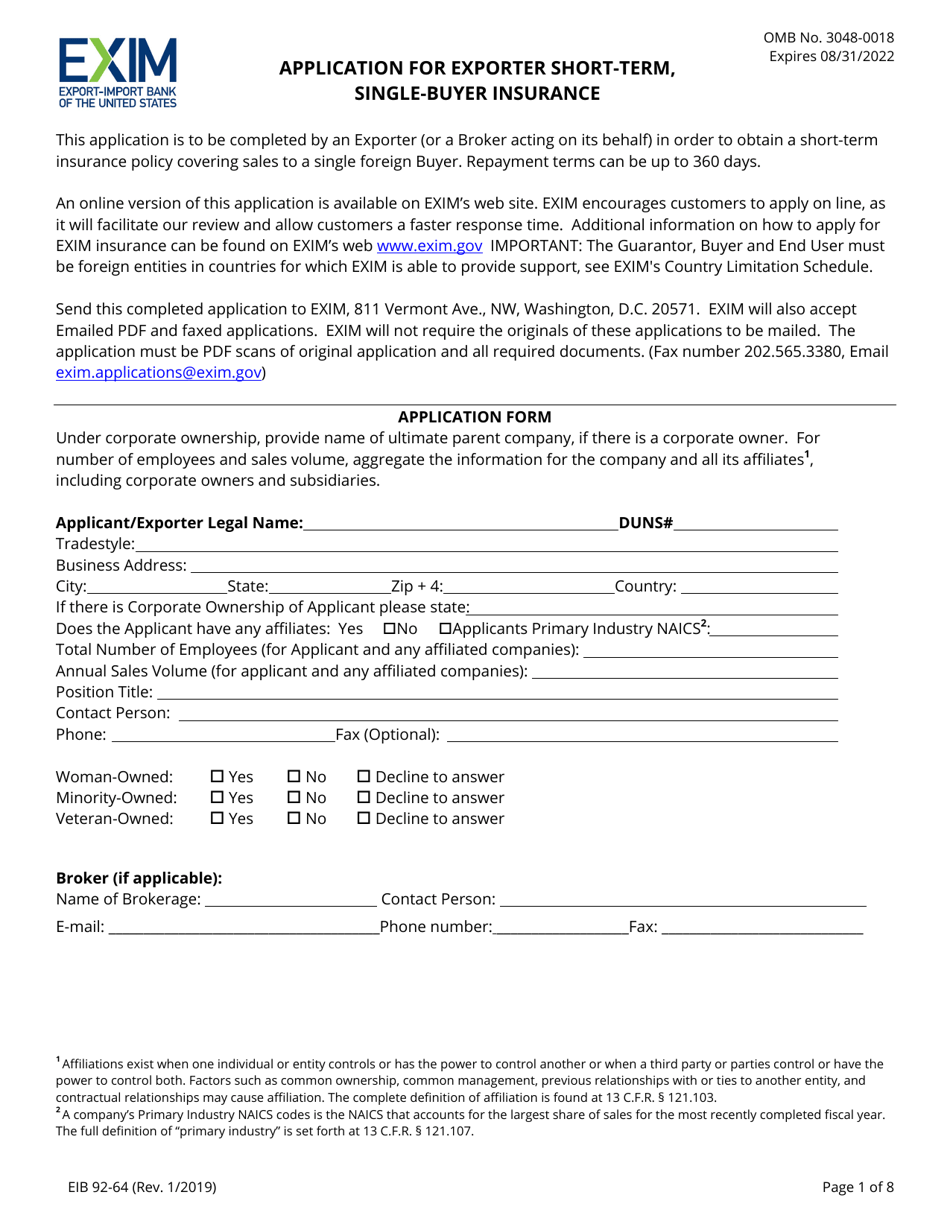 Form EIB92-64 Application for Exporter Short-Term, Single-Buyer Insurance, Page 1