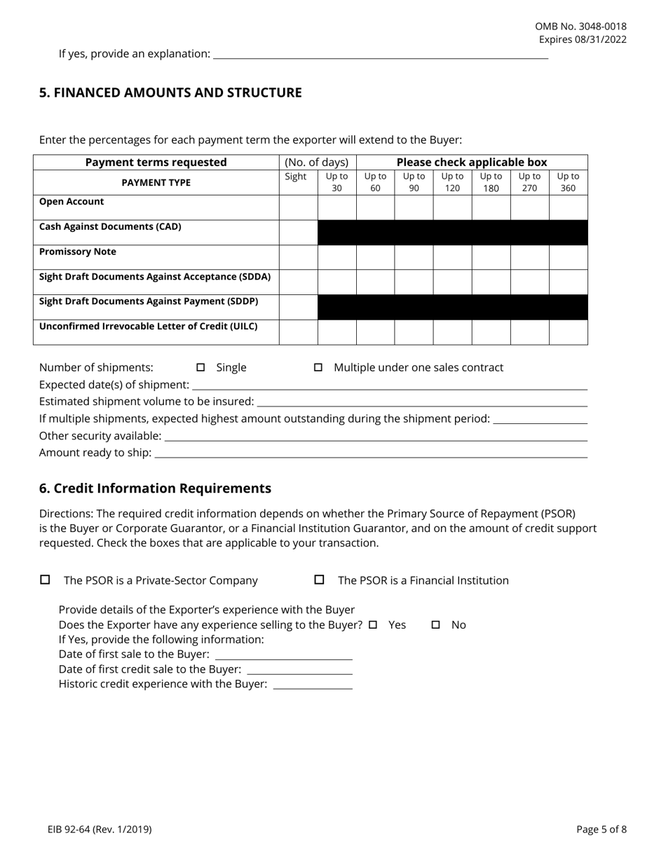 Form EIB92-64 Application for Exporter Short-Term, Single-Buyer Insurance, Page 5