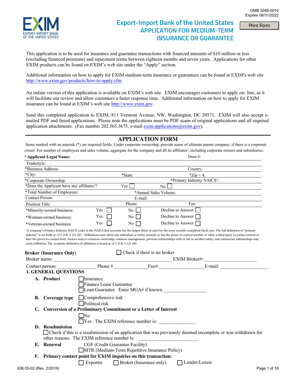 Form EIB03-02 Application for Medium-Term Insurance or Guarantee, Page 1