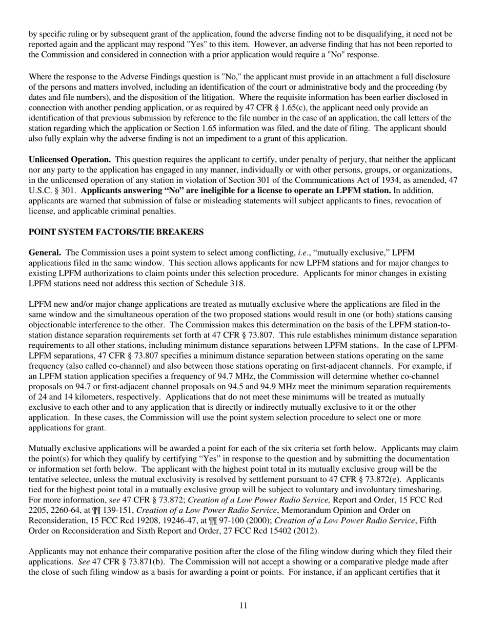 Instructions for FCC Form 2100 Schedule 318 Low Power Fm Station Construction Permit Application, Page 11