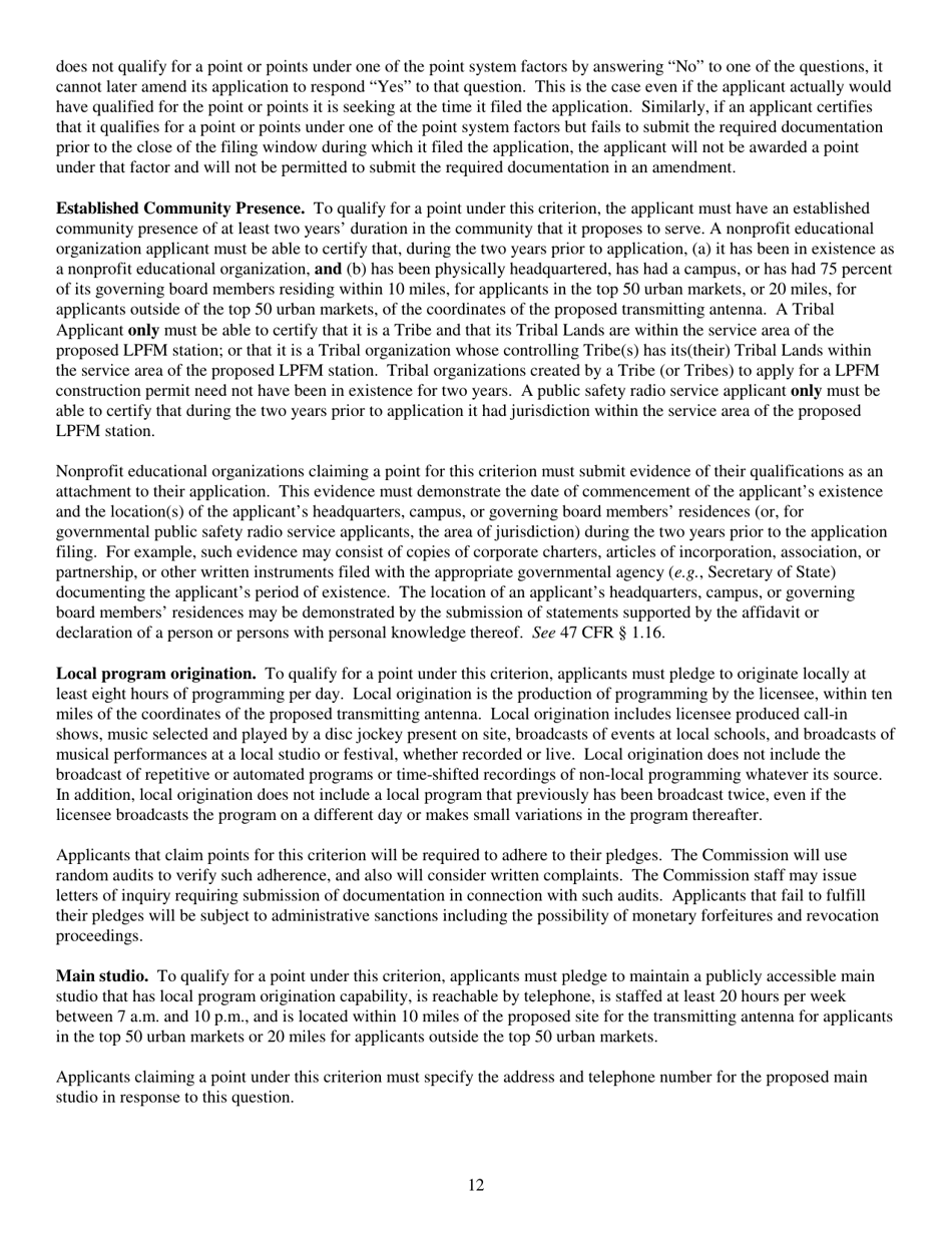 Instructions for FCC Form 2100 Schedule 318 Low Power Fm Station Construction Permit Application, Page 12