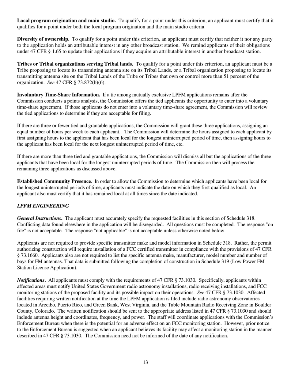Instructions for FCC Form 2100 Schedule 318 Low Power Fm Station Construction Permit Application, Page 13