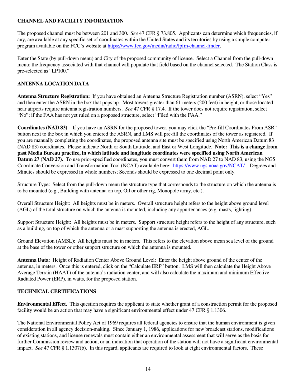Instructions for FCC Form 2100 Schedule 318 Low Power Fm Station Construction Permit Application, Page 14