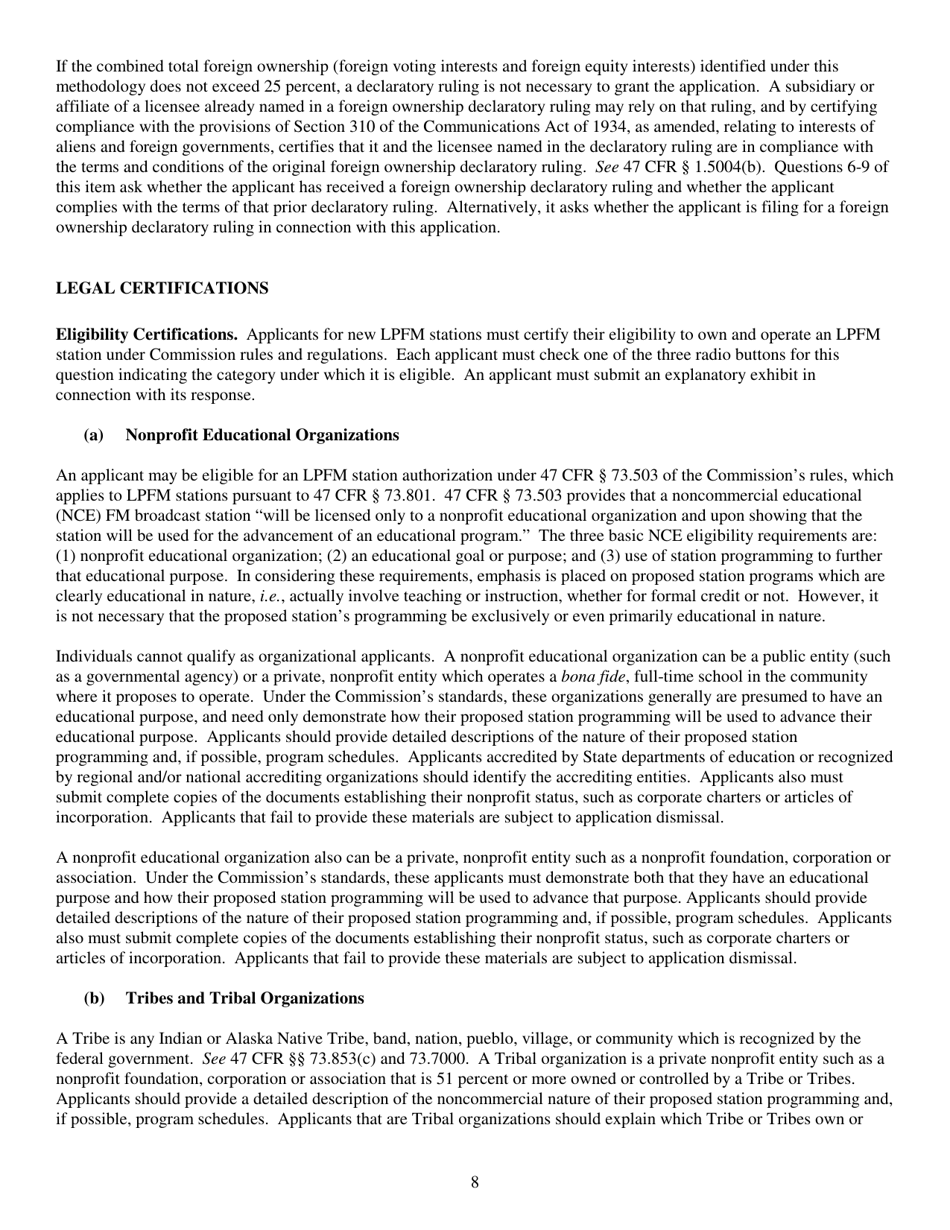 Instructions for FCC Form 2100 Schedule 318 Low Power Fm Station Construction Permit Application, Page 8