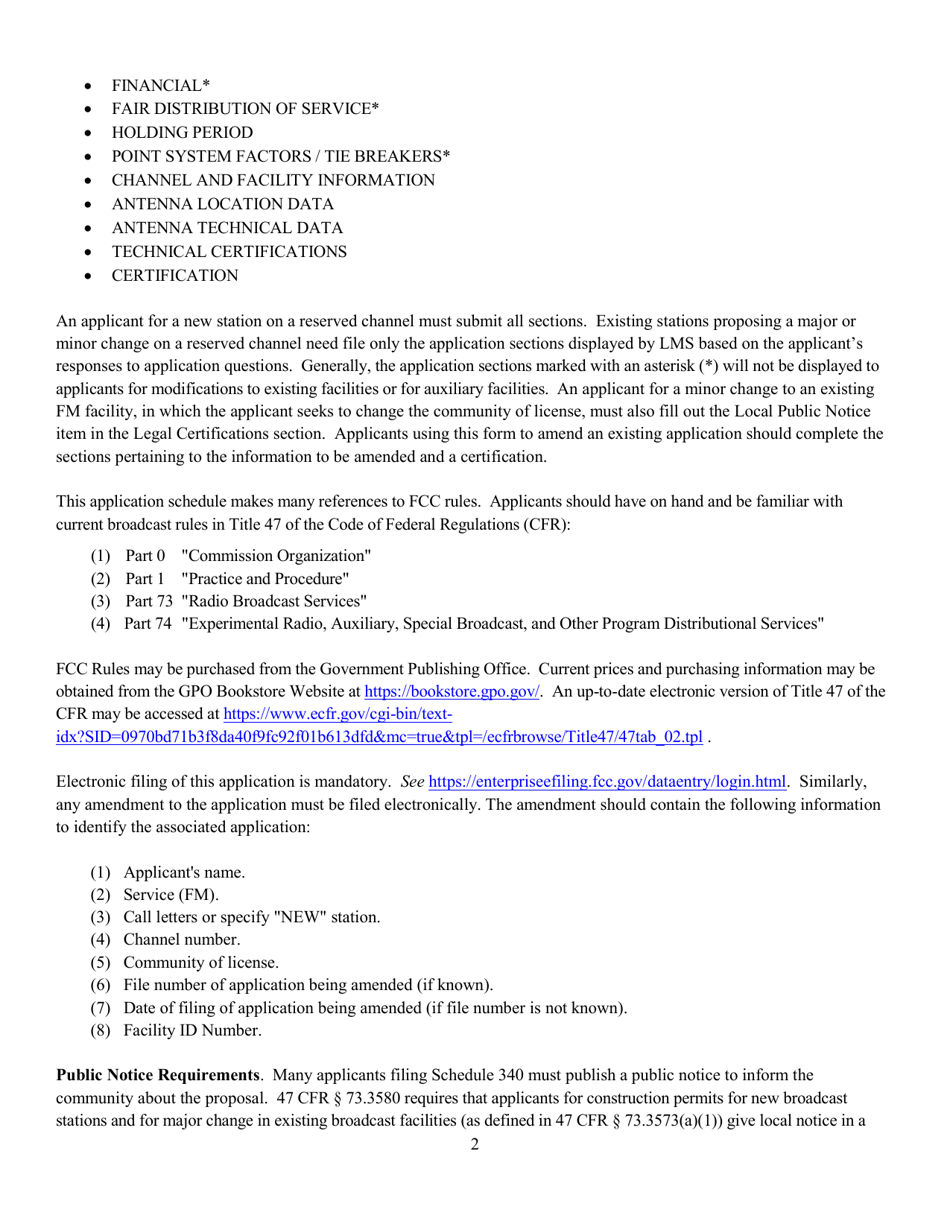 Instructions for FCC Form 2100 Schedule 340 Noncommercial Educational Fm Station Construction Permit Application, Page 2