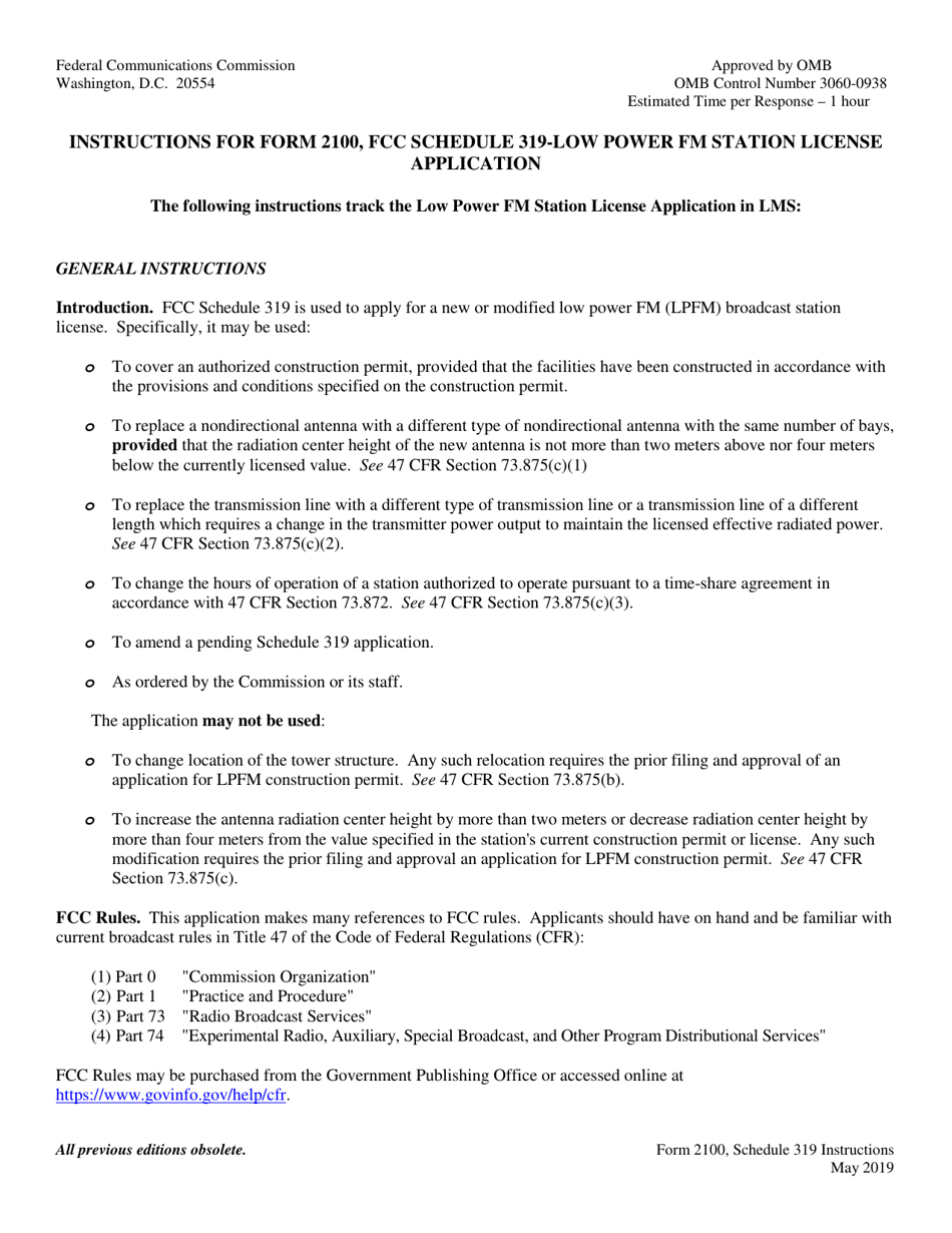 Instructions for FCC Form 2100 Schedule 319 Low Power Fm Station License Application, Page 1