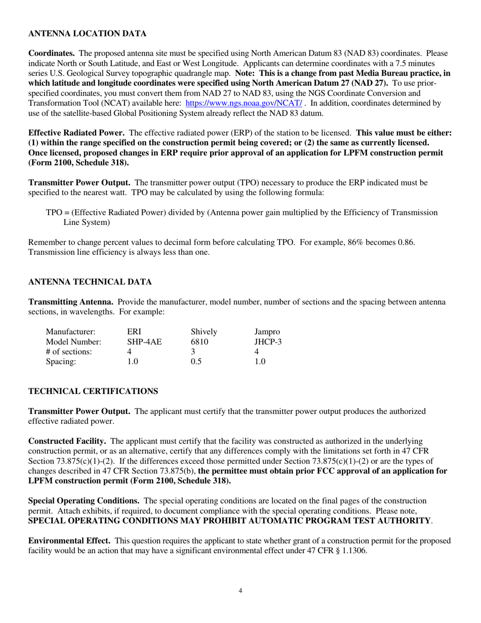 Instructions for FCC Form 2100 Schedule 319 Low Power Fm Station License Application, Page 4