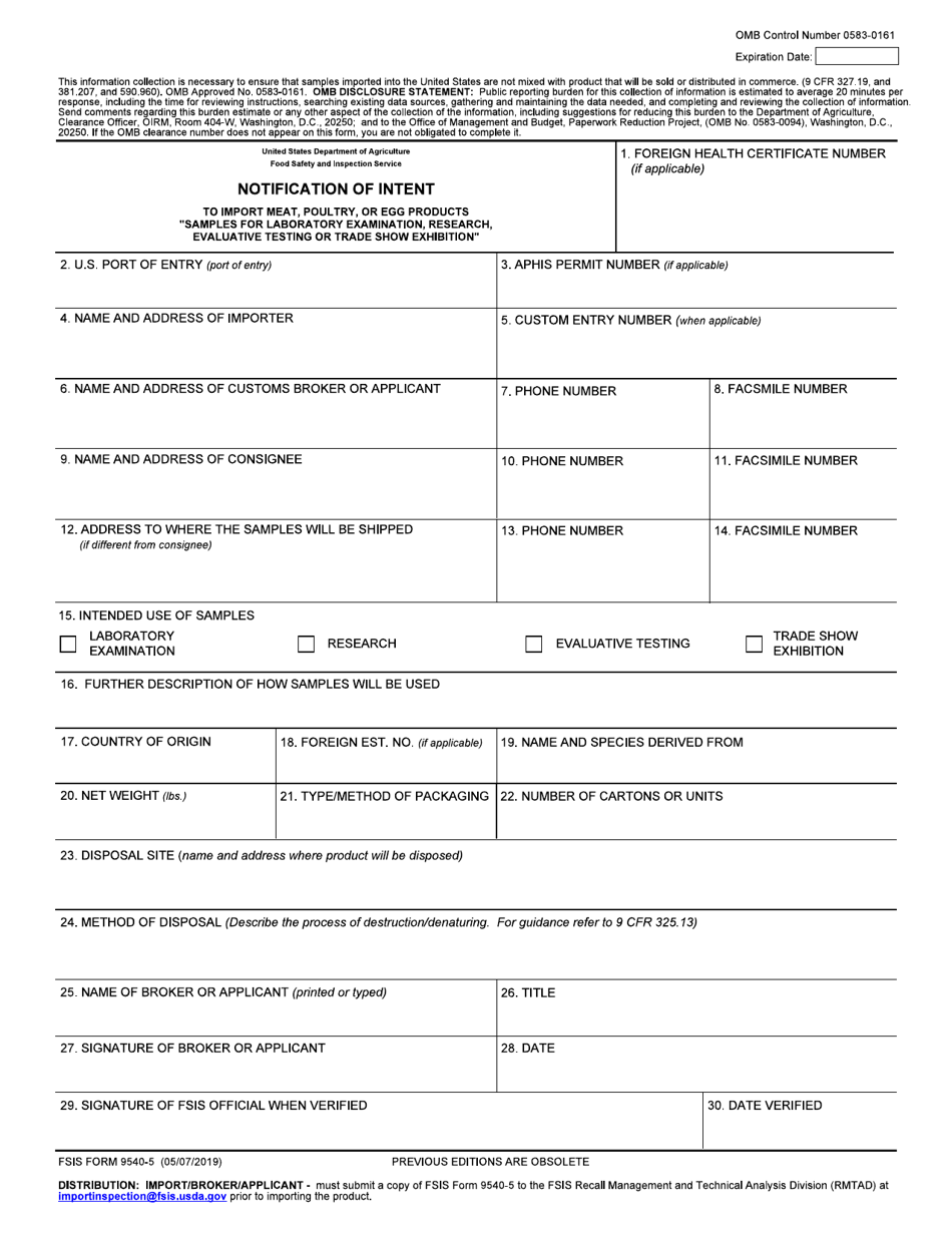 FSIS Form 9540-5 Notification of Intent to Import Meat, Poultry, or Egg Products Samples for Laboratory Examination, Research, Evaluative Testing or Trade Show Exhibition, Page 1