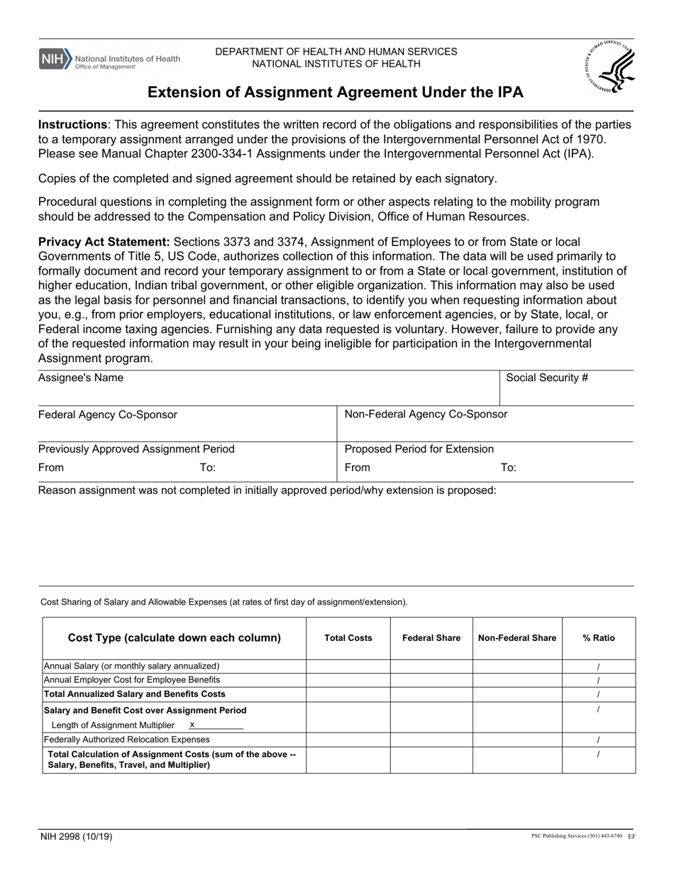 Form NIH2998 Download Fillable PDF or Fill Online Extension of