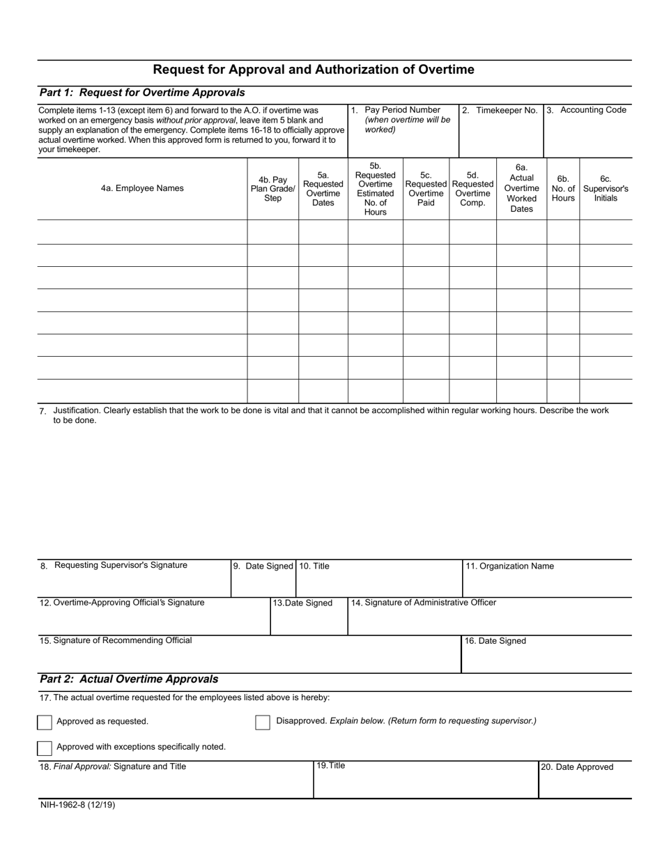 Form NIH-1962-8 Request for Approval and Authorization of Overtime, Page 1