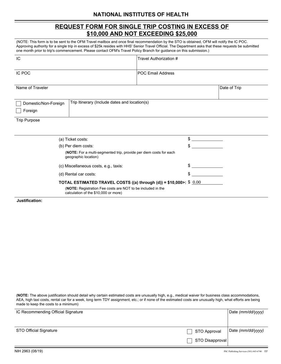 Form NIH2963 Request Form for Single Trip Costing in Excess of $10,000 and Not Exceeding $25,000, Page 1