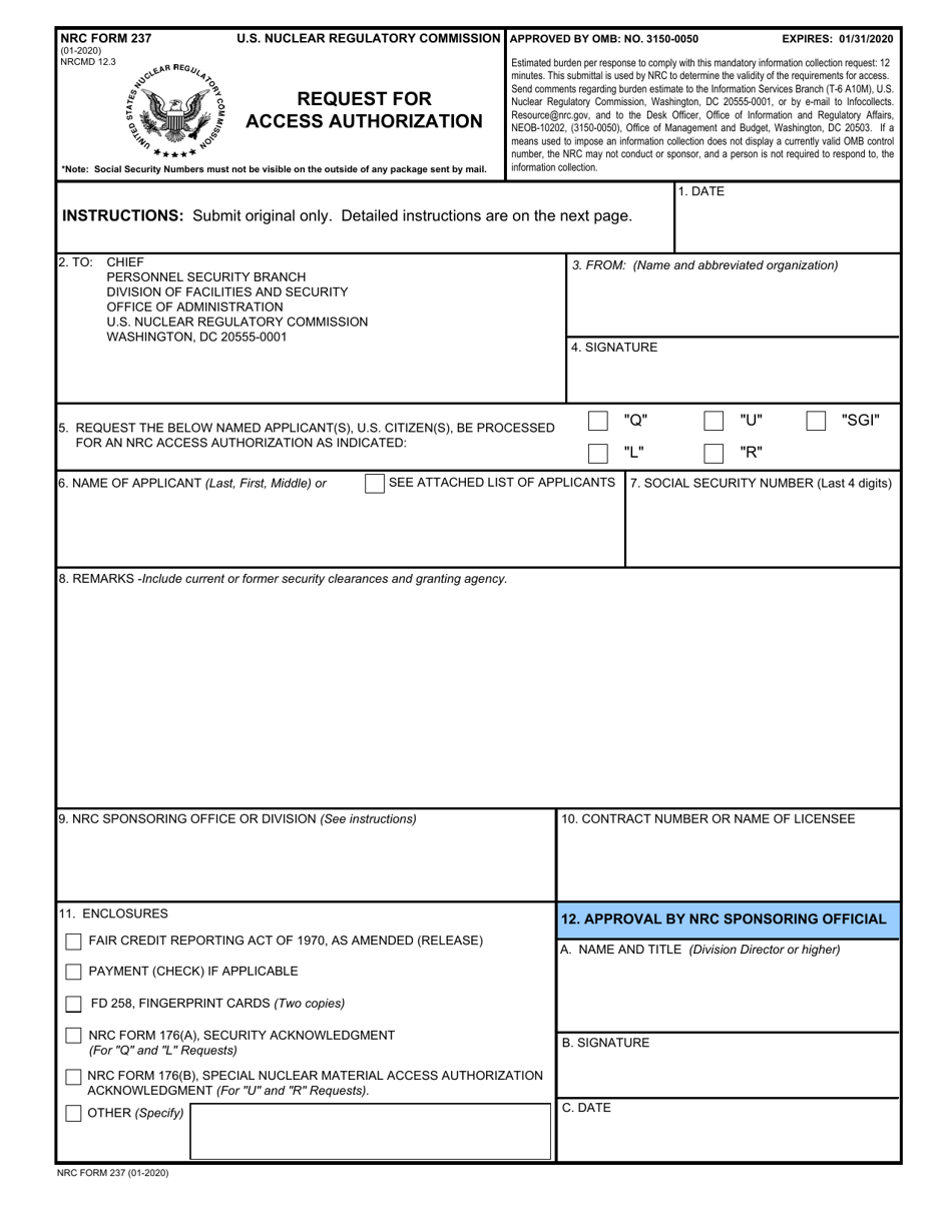 NRC Form 237 Request for Access Authorization, Page 1