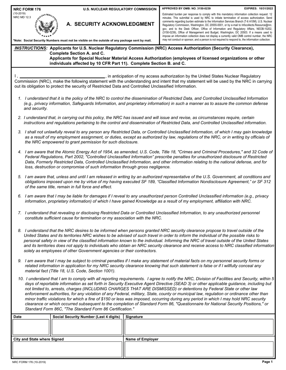 NRC Form 176 Security Acknowledgement / Special Nuclear Material Access Authorization Acknowledgement / Security Debriefing Acknowledgement, Page 1