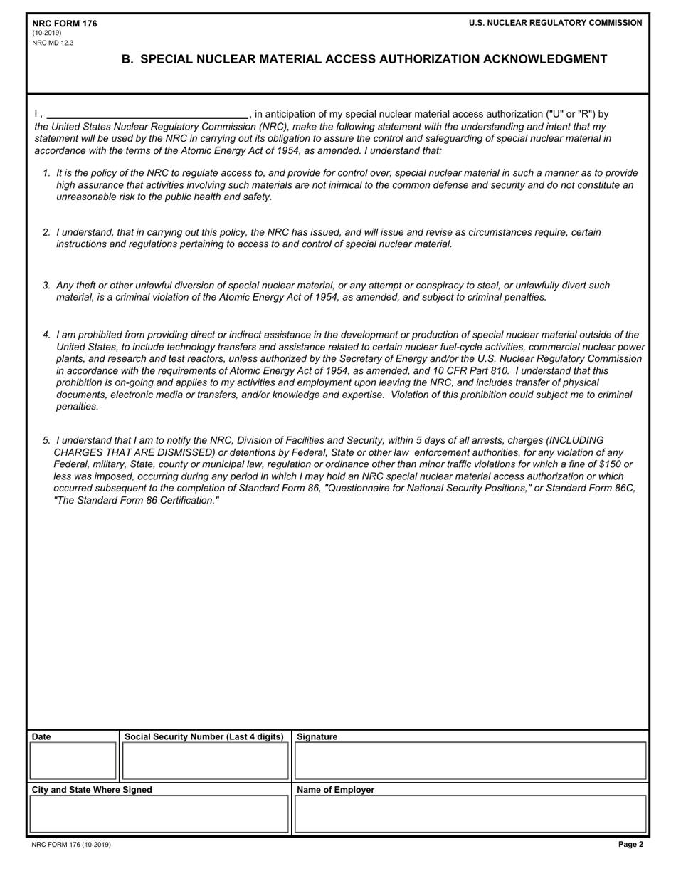 NRC Form 176 Security Acknowledgement / Special Nuclear Material Access Authorization Acknowledgement / Security Debriefing Acknowledgement, Page 2