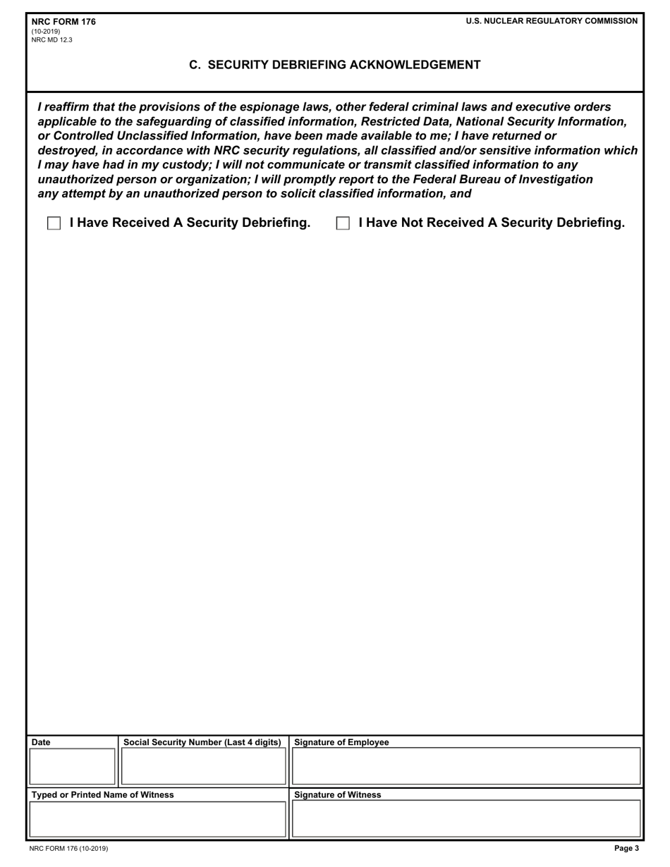 NRC Form 176 Security Acknowledgement / Special Nuclear Material Access Authorization Acknowledgement / Security Debriefing Acknowledgement, Page 3
