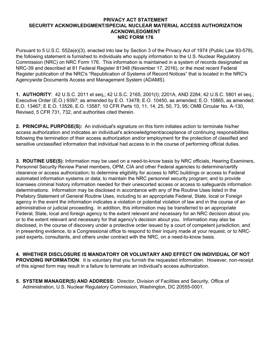 NRC Form 176 Security Acknowledgement / Special Nuclear Material Access Authorization Acknowledgement / Security Debriefing Acknowledgement, Page 4