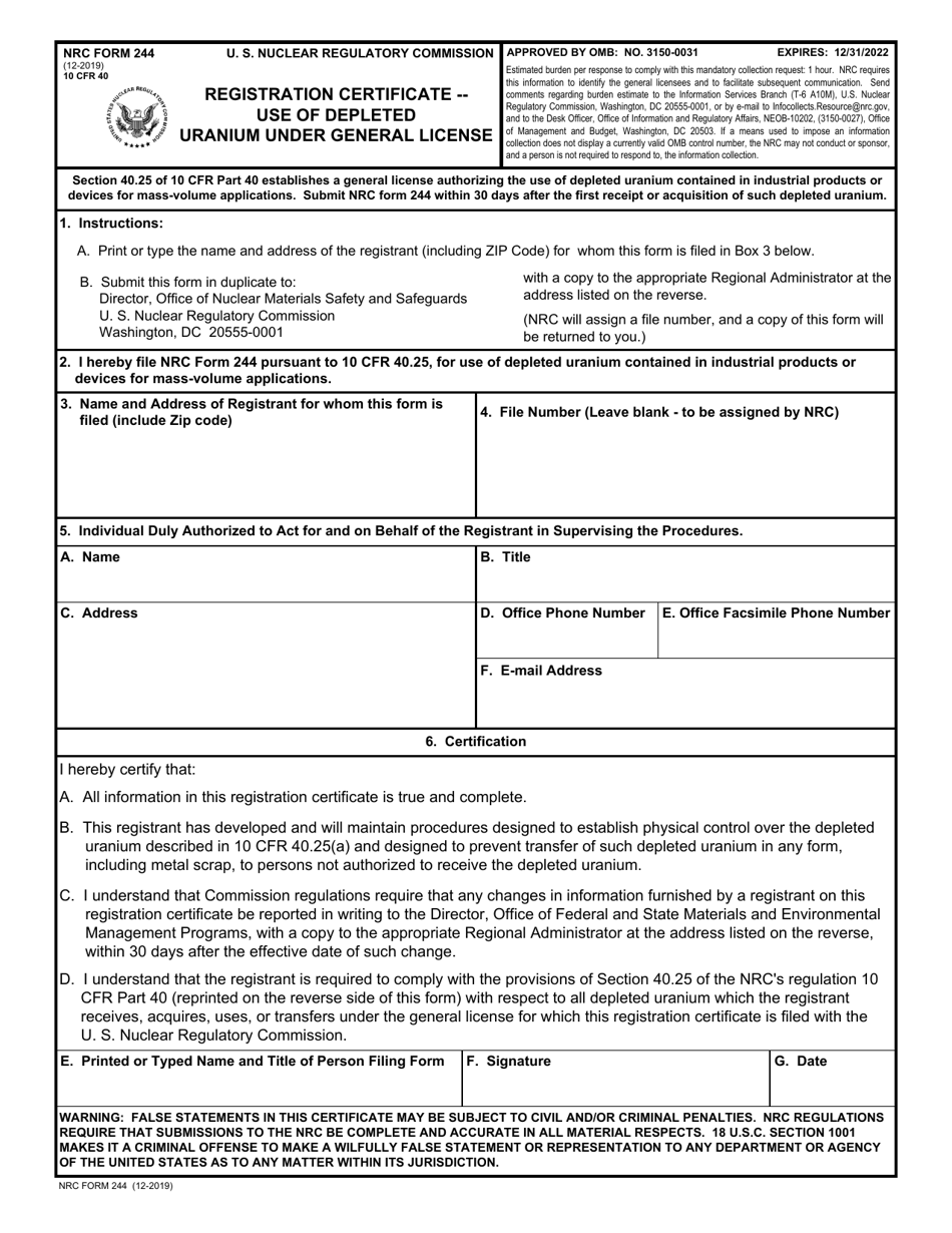 NRC Form 244 Registration Certificate - Use of Depleted Uranium Under General License, Page 1