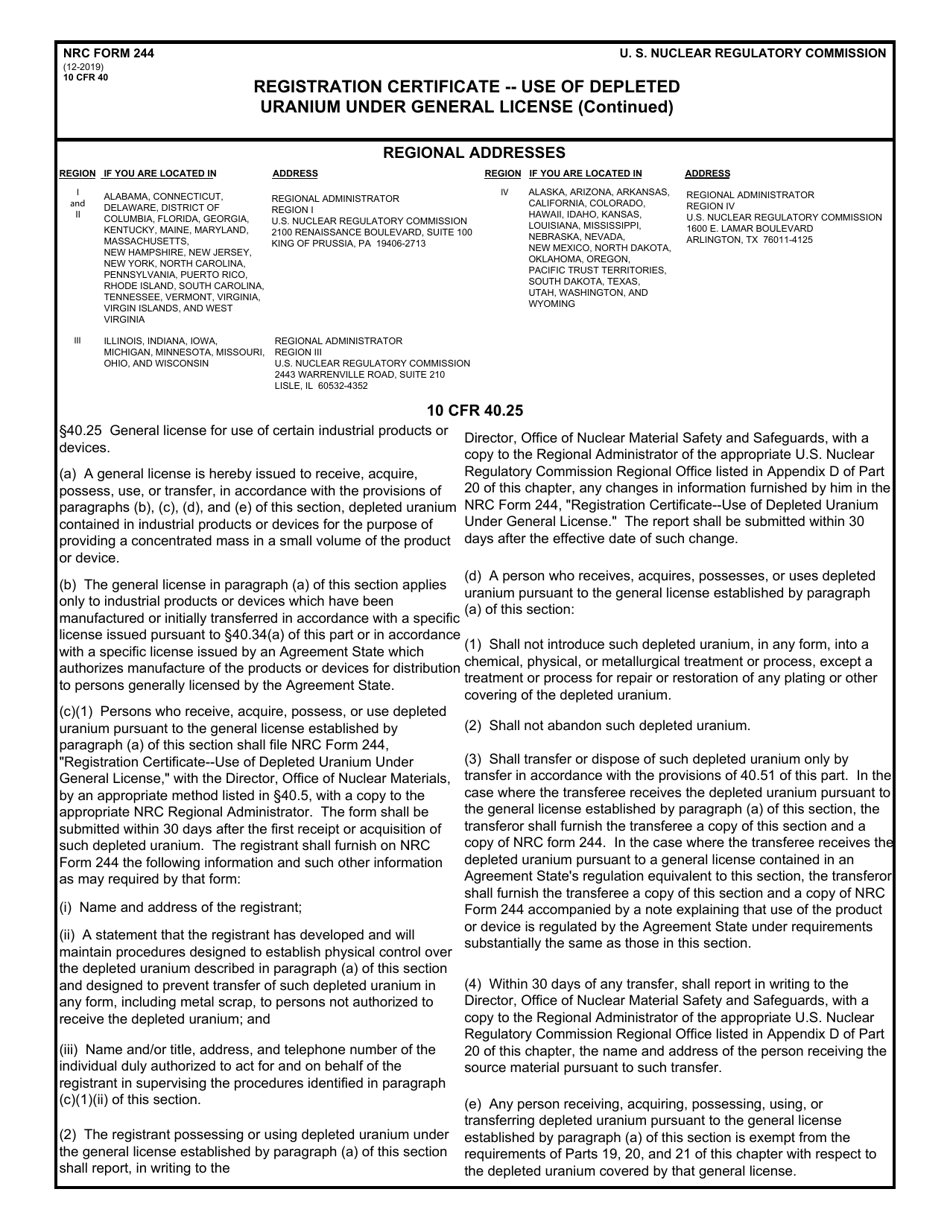 NRC Form 244 Registration Certificate - Use of Depleted Uranium Under General License, Page 2