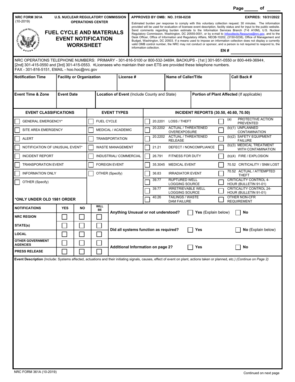 NRC Form 361A Fuel Cycle and Materials Event Notification Worksheet, Page 1