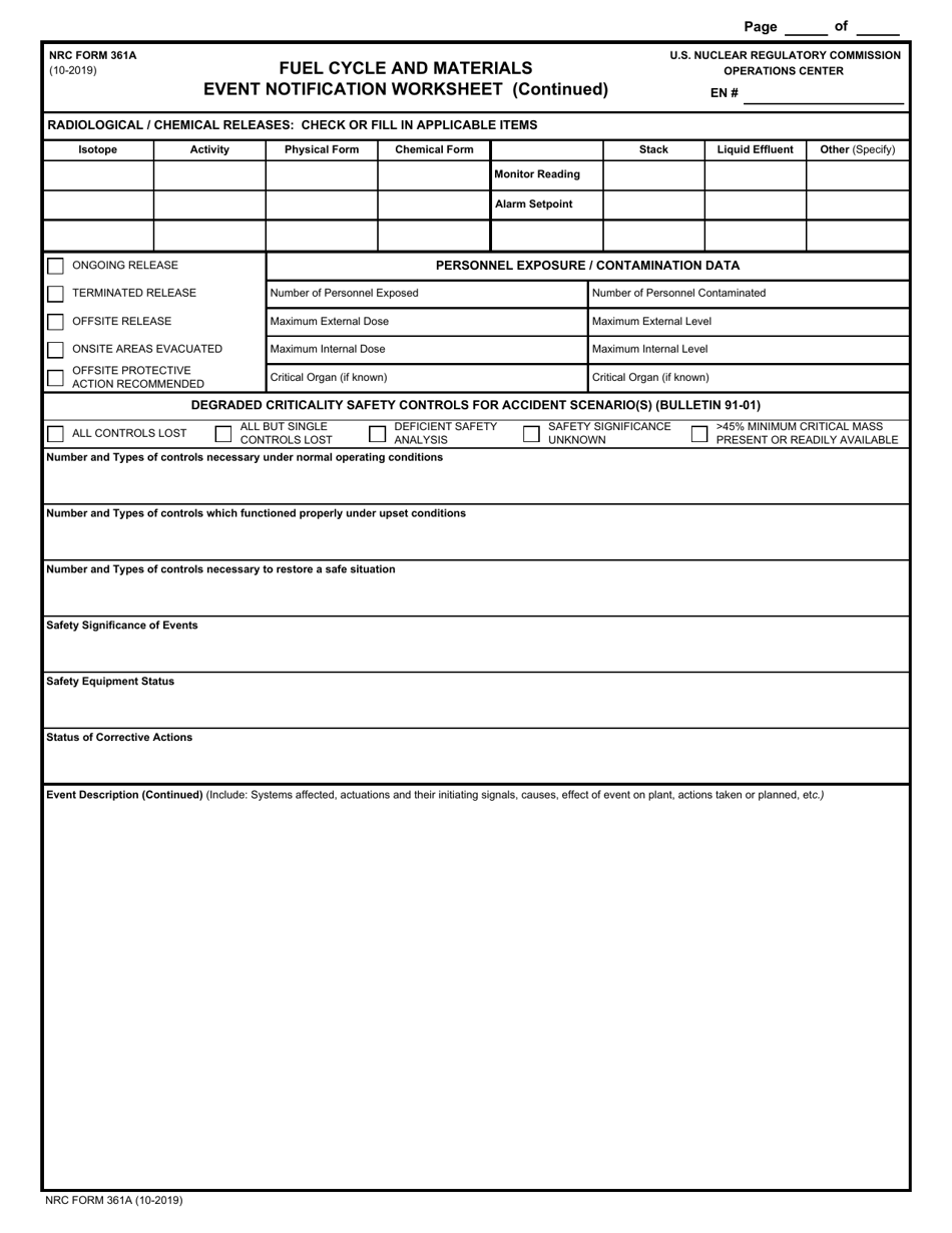 NRC Form 361A Fuel Cycle and Materials Event Notification Worksheet, Page 2