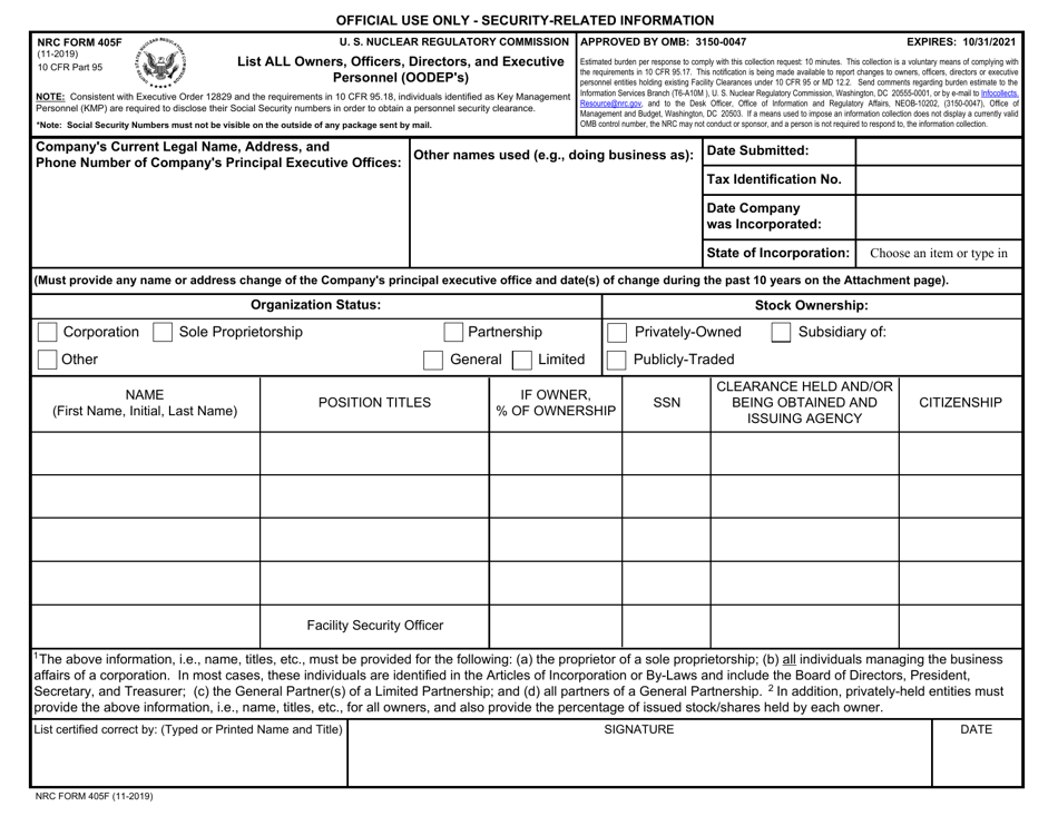 NRC Form 405F List All Owners, Officers, Directors, and Executive Personnel (Oodeps), Page 1
