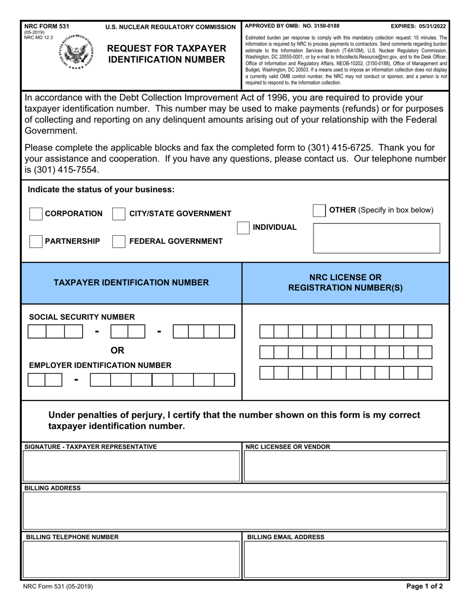 nrc-form-531-download-fillable-pdf-or-fill-online-request-for-taxpayer-identification-number