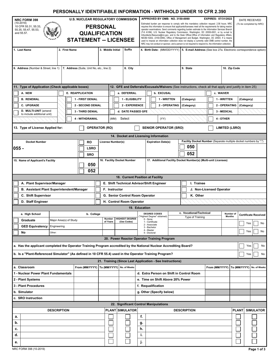 NRC Form 398 Personal Qualification Statement - Licensee, Page 1