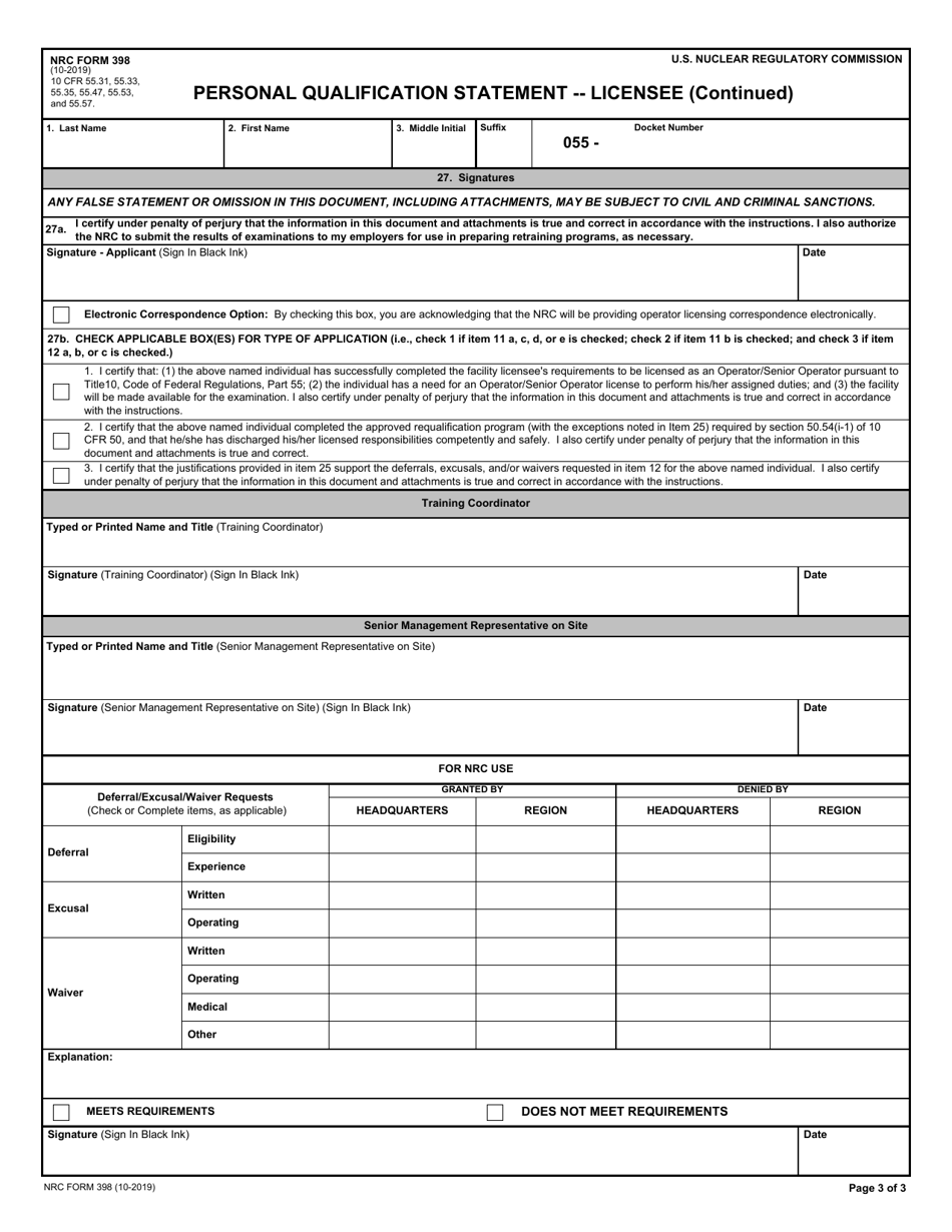 NRC Form 398 Personal Qualification Statement - Licensee, Page 3