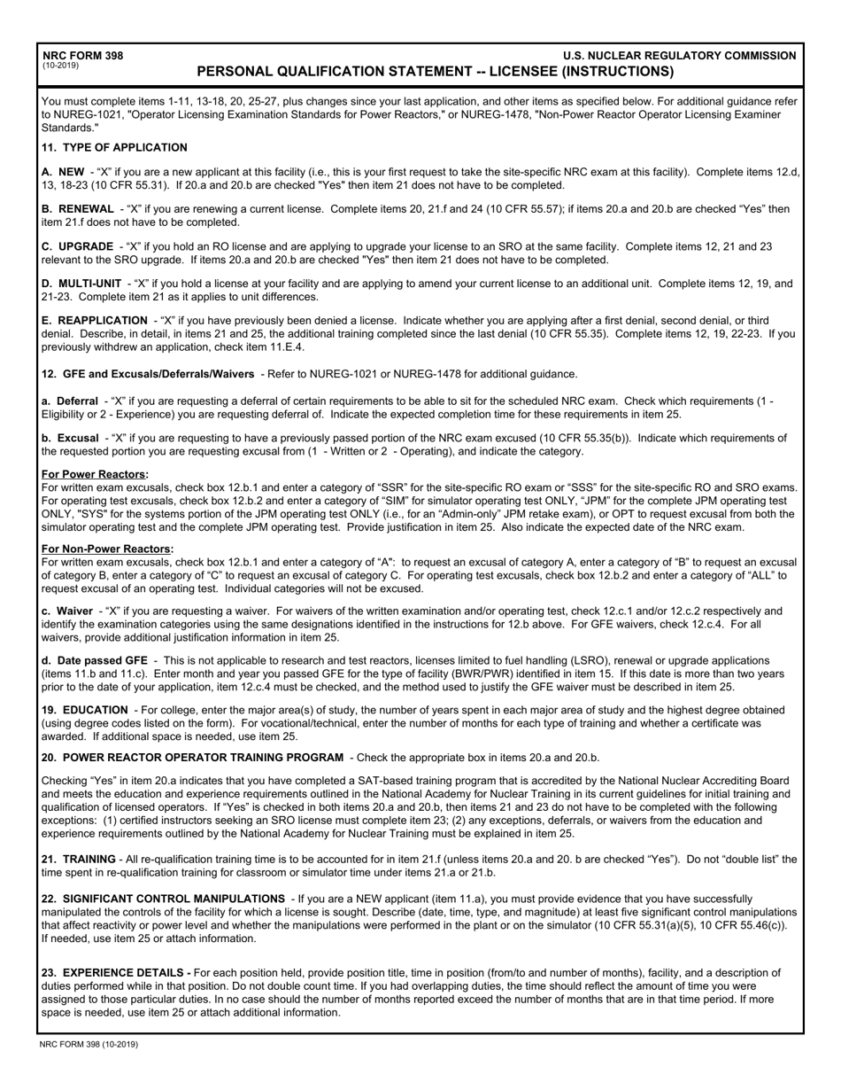 NRC Form 398 Personal Qualification Statement - Licensee, Page 4