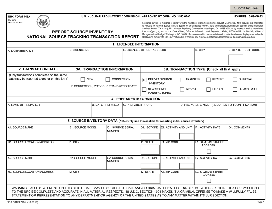 NRC Form 748A National Source Tracking Transaction Report - Report Source Inventory, Page 1