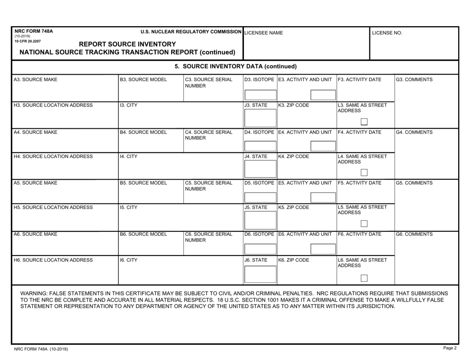 NRC Form 748A National Source Tracking Transaction Report - Report Source Inventory, Page 2