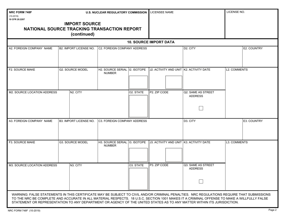 NRC Form 748F National Source Tracking Transaction Report - Import Source, Page 2