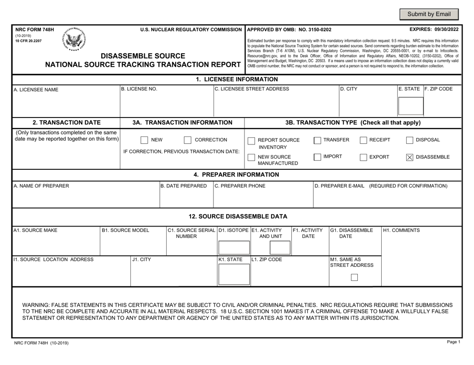 NRC Form 748H National Source Tracking Transaction Report - Disassemble Source, Page 1