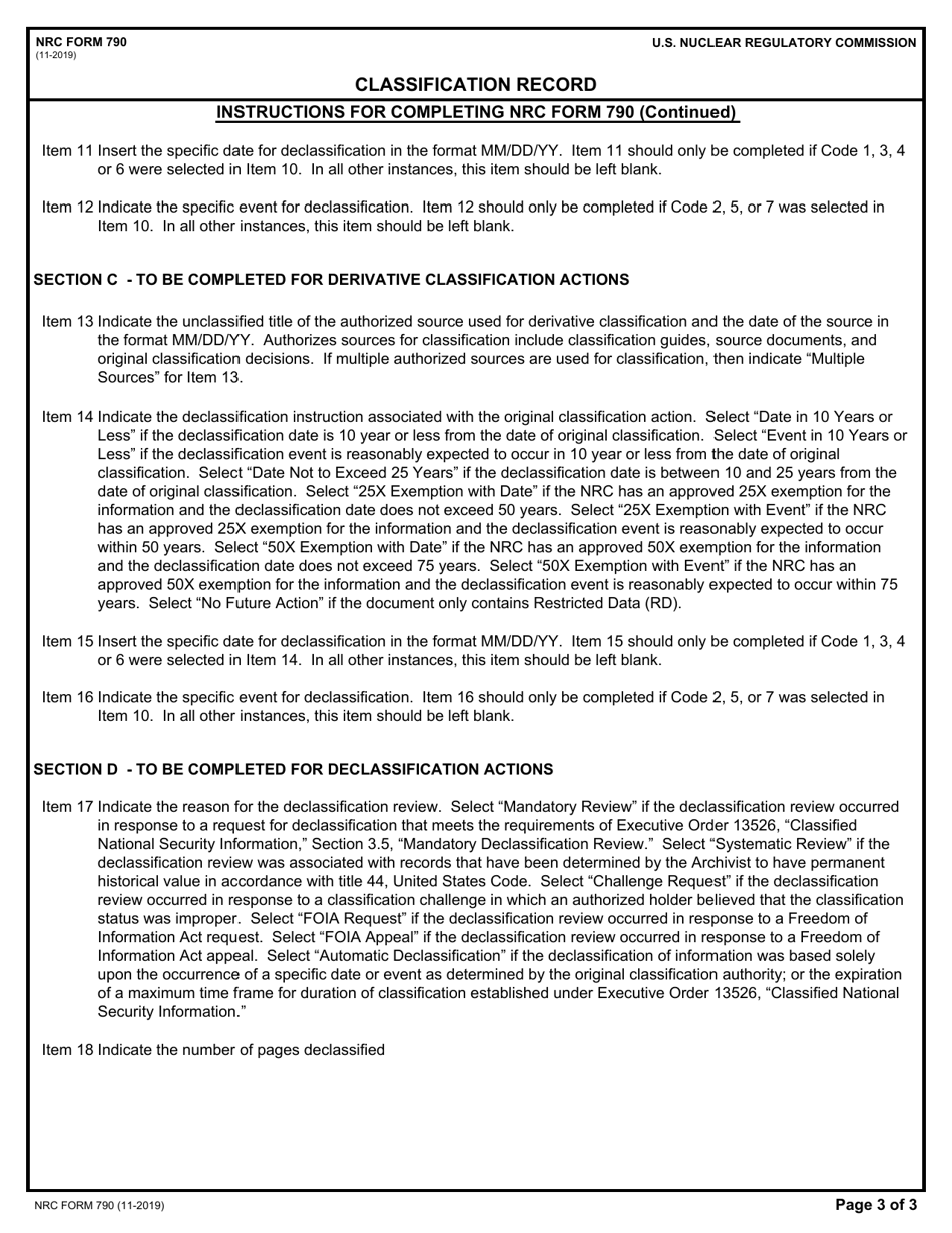 NRC Form 790 Classification Record, Page 3