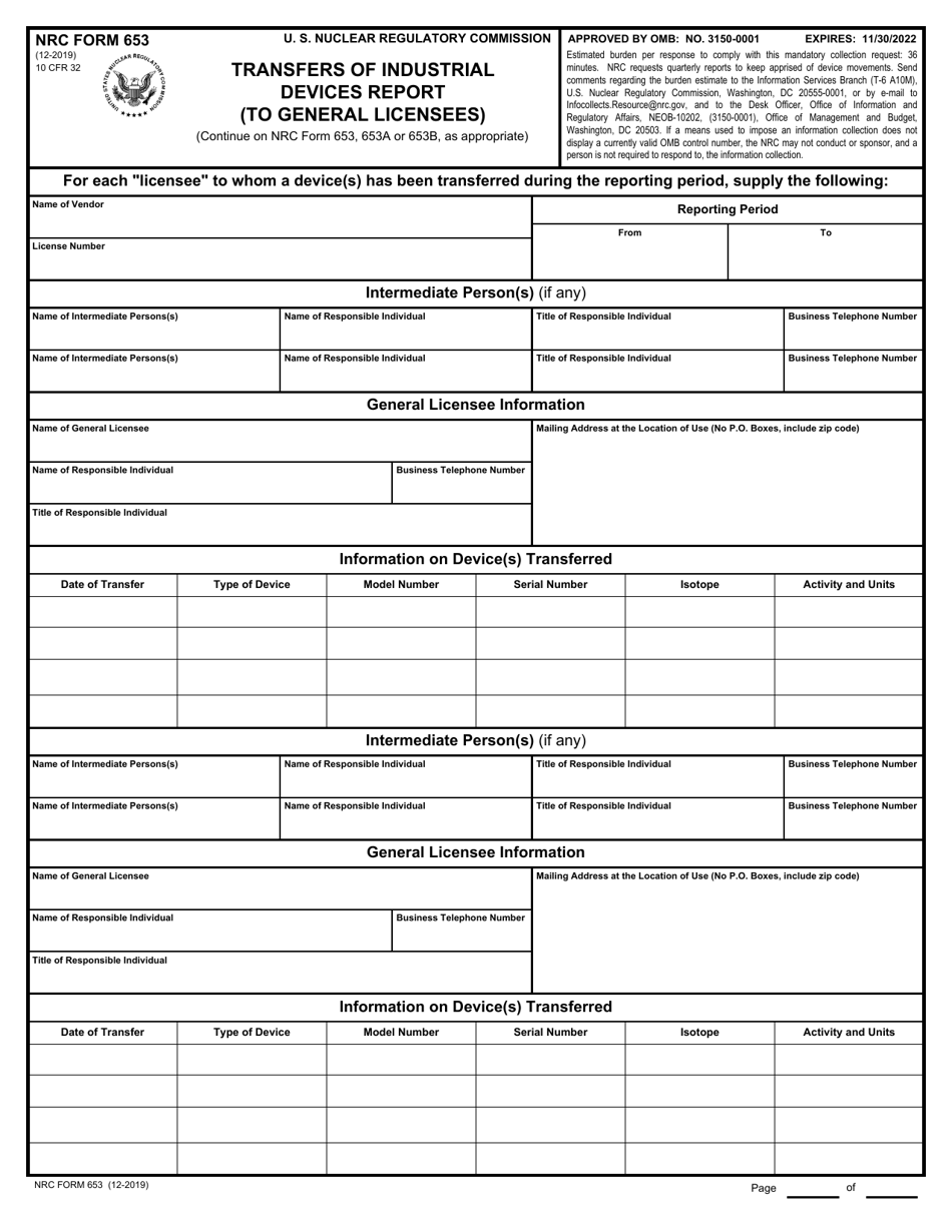 NRC Form 653 Transfers of Industrial Device Report, Page 1
