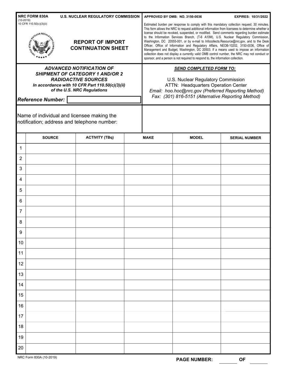 NRC Form 830A Download Fillable PDF or Fill Online Report of Import ...