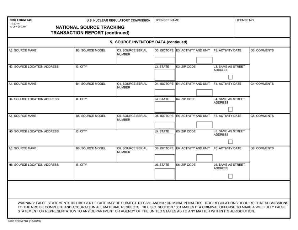 NRC Form 748 National Source Tracking Transaction Report, Page 2