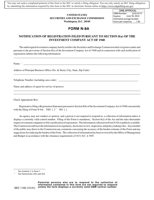Form N-8A (SEC Form 1102)  Printable Pdf