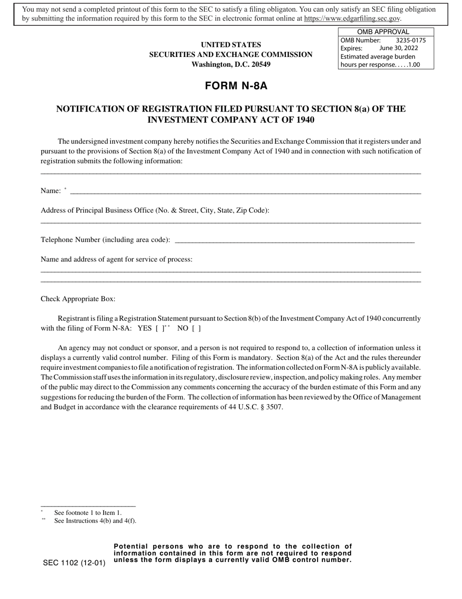 Form N-8A (SEC Form 1102) Notification of Registration Filed Pursuant to Section 8(A) of the Investment Company Act of 1940, Page 1