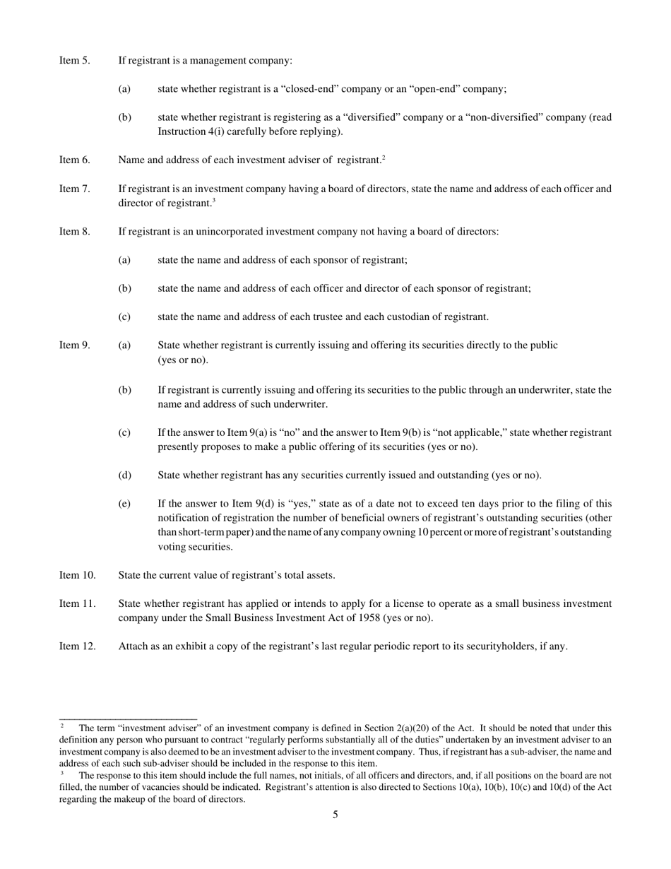 Form N-8A (SEC Form 1102) Notification of Registration Filed Pursuant to Section 8(A) of the Investment Company Act of 1940, Page 5