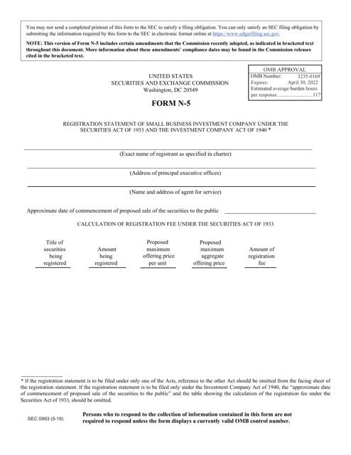 Form N-5 (SEC Form 0993)  Printable Pdf