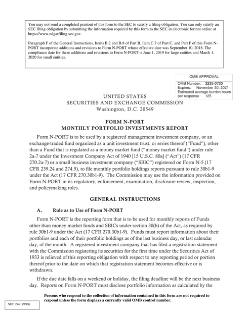 Form N-PORT (SEC Form 2940)  Printable Pdf