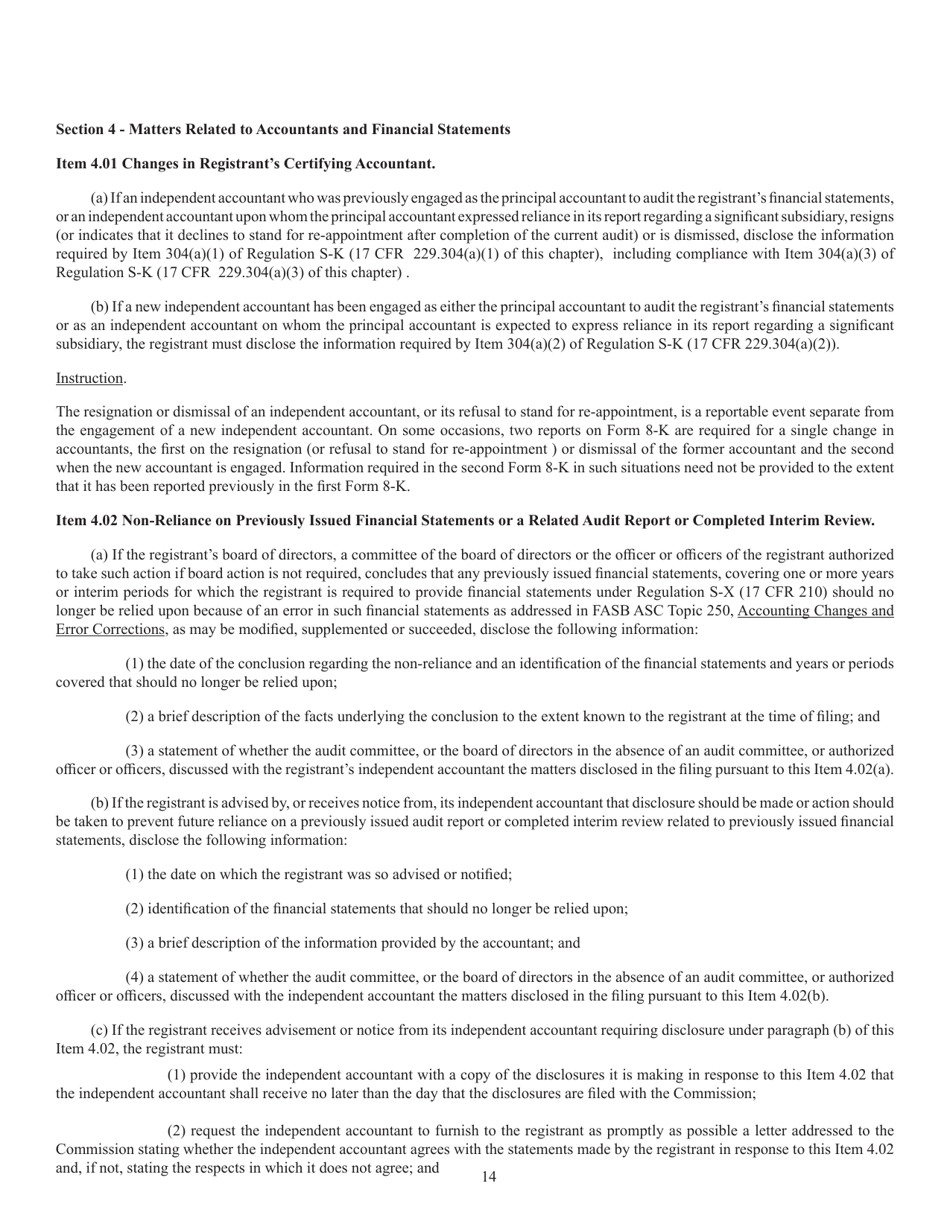 Form 8-K (SEC Form 873) Current Report Pursuant to Section 13 or 15(D), Page 14